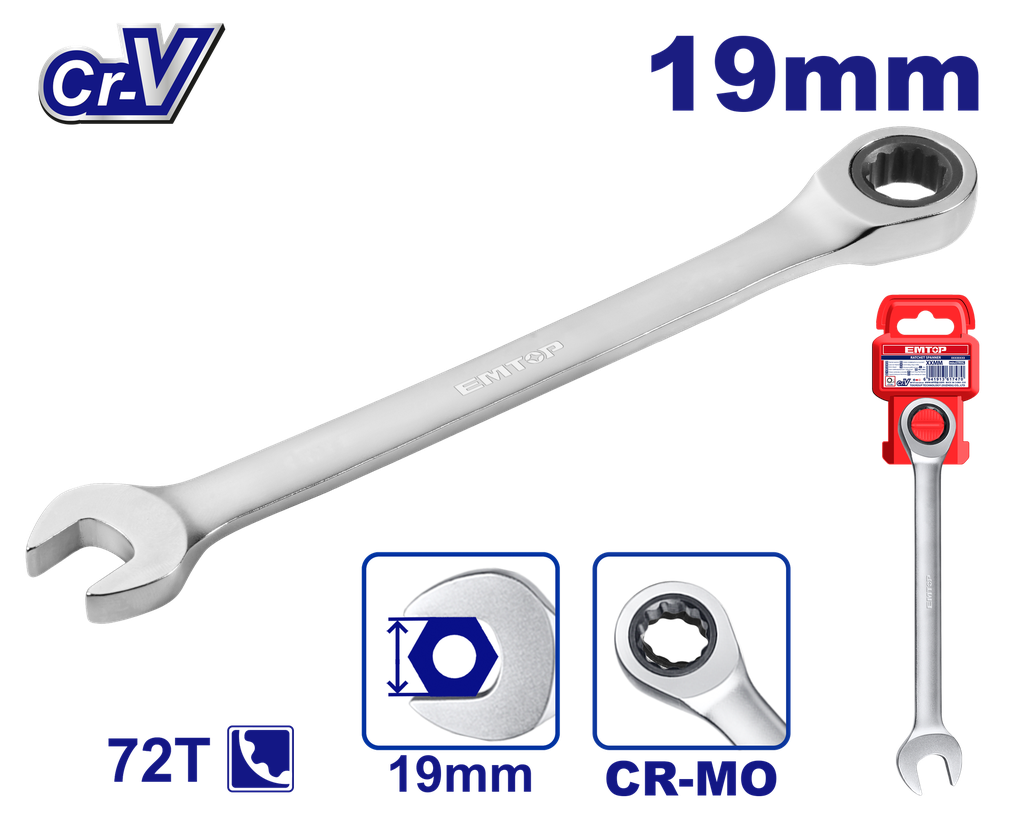 [ECSPAR191] ECSPAR191 Llave combinada con matraca 19 mm, Cr-V