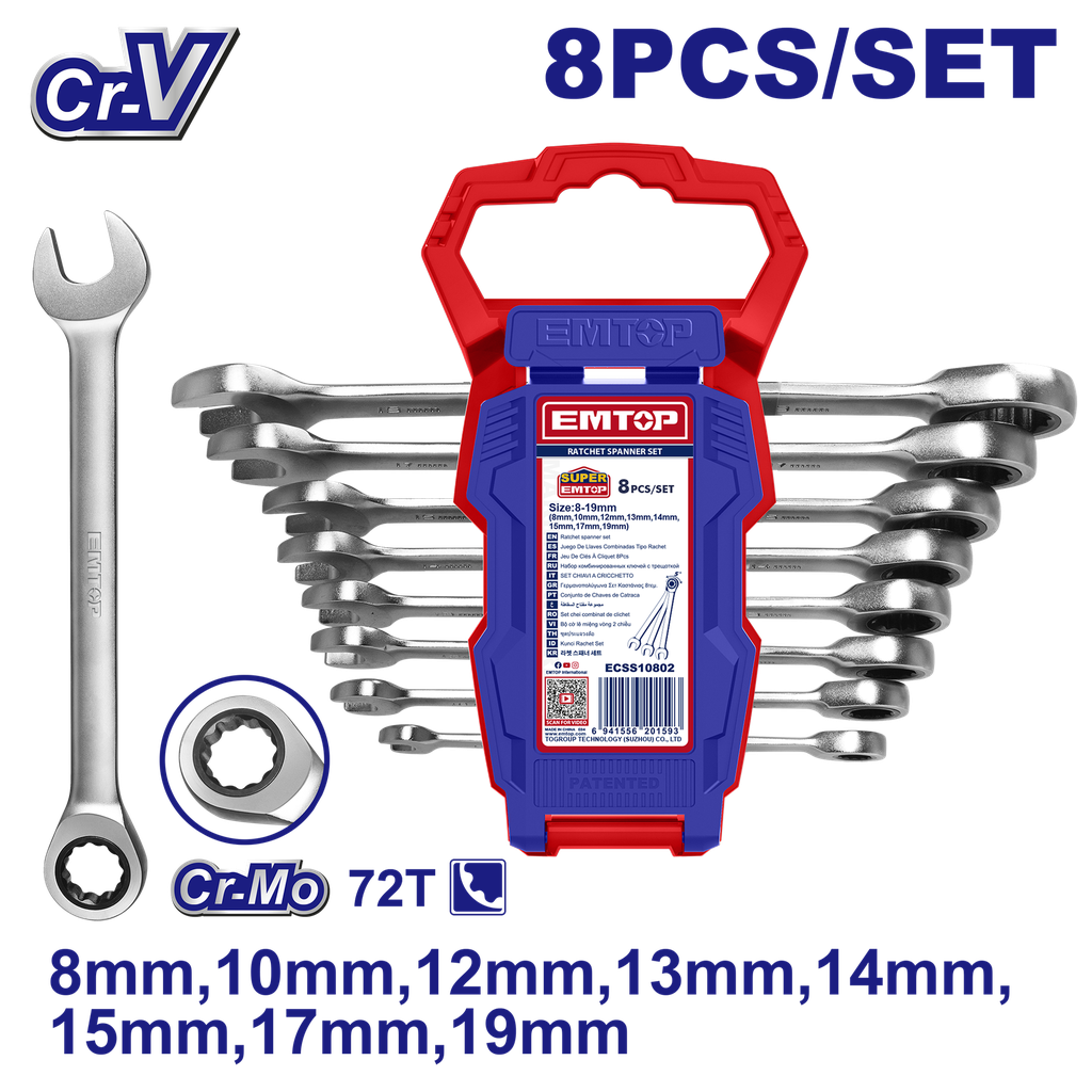 [ECSS10802] [ECSS10802] ECSS10802 Juego de 8 llaves combinadas con matraca 8 - 19 mm, Cr-V