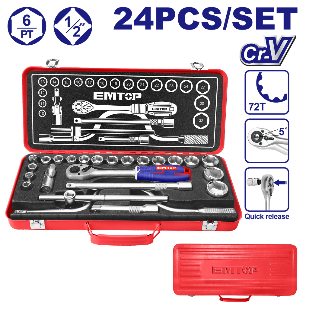 [ESKT12243] ESKT12243 Juego de herramientas para mecánico 24 piezas 1/2", Cr-V y caja metálica